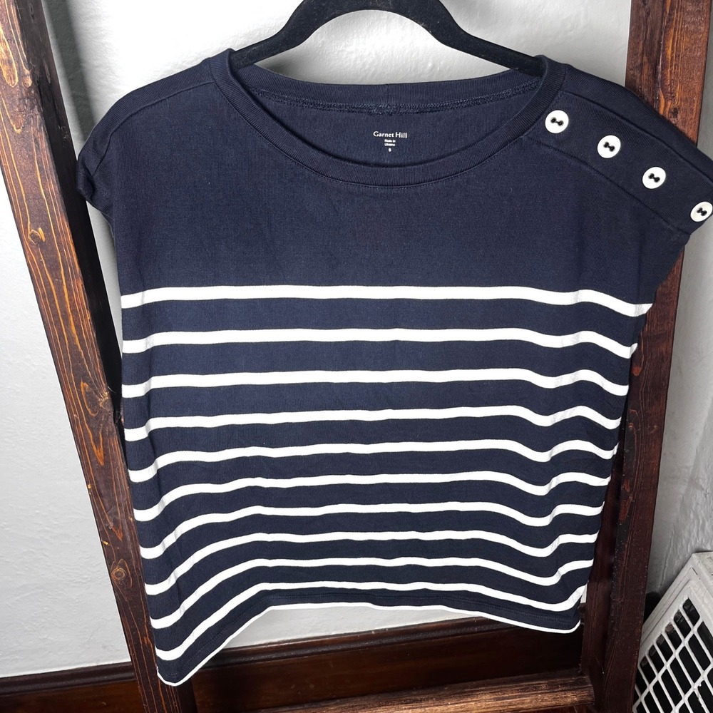 Garnet Hill Navy White Striped Organic Cotton Button Shoulder Top Small Nautical